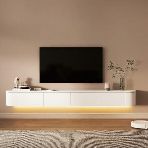 Aipunlus TV-Lowboard Hängender mit LED-Beleuchtung, Modernes Wandmontiertes Fernsehboard, TV-Schrank mit Stauraum, Medienkonsole Hochglanz mit Kabelmanagement für Wohnzimmer (Weiß+LED, 200cm) von Aipunlus