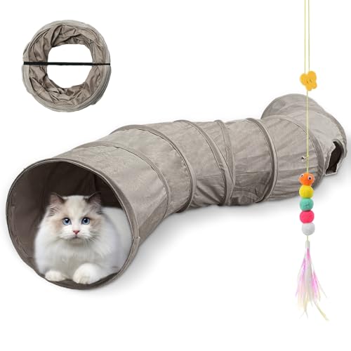 Faltbar Katzentunnel Katzenspielzeug mit Ball Spieltunnel Knisternder Rascheltunnel Aus Wildleder für Alle Katzen Kaninchen Welpen und Kleine Tiere, Mit Hängendem Lustiger Katzenstock (S- Grau) von Aipwerer