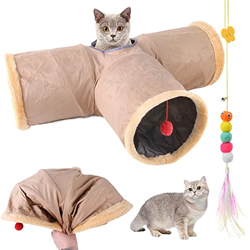 Faltbar Katzentunnel Katzenspielzeug mit Ball Spieltunnel Knisternder Rascheltunnel Aus Wildleder für Alle Katzen Kaninchen Welpen und Kleine Tiere, Mit Hängendem Lustiger Katzenstock (T- Khaki) von Aipwerer