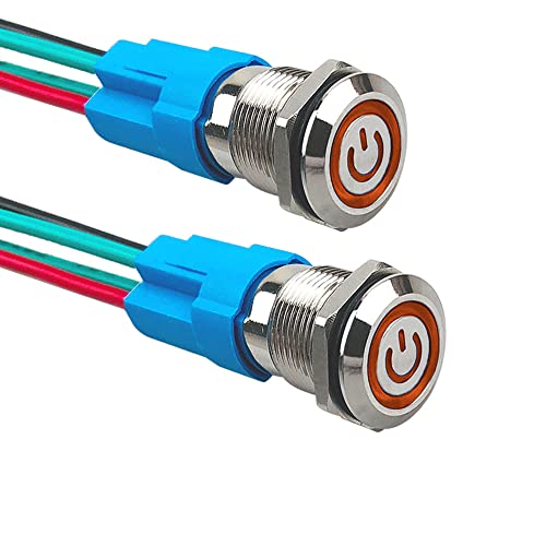 Aiqeer 2 Stück 12 mm Rastend Druckschalter, 12V / 24V 3A Auto Zündung Starter Schalter, IP66 Wasserdichter Edelstahl Druckschalter, mit Vorverdrahteter Steckdose (Gelb LED) von Aiqeer