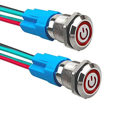 Aiqeer 2 Stück 12 mm Rastend Druckschalter, 12V / 24V 3A Auto Zündung Starter Schalter, IP66 Wasserdichter Edelstahl Druckschalter, mit Vorverdrahteter Steckdose (Rot LED) von Aiqeer
