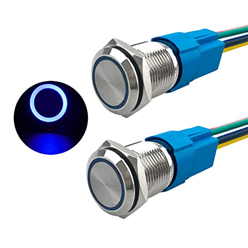 Aiqeer 2 Stück 16 mm Momentan Druckschalter, 12V / 24V 5A Auto Zündung Starter Schalter, IP67 Wasserdichter Edelstahl Druckschalter, mit Vorverdrahteter Steckdose (Blau LED) von Aiqeer