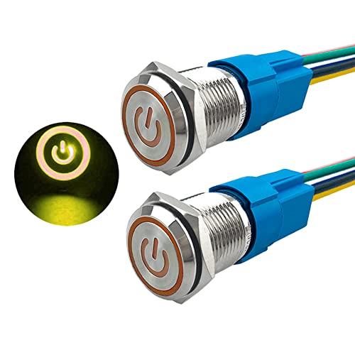 Aiqeer 2 Stück 16 mm Rastend Druckschalter, 12V / 24V 5A Auto Zündung Starter Schalter, IP67 Wasserdichter Edelstahl Druckschalter, mit Vorverdrahteter Steckdose (Gelb LED) von Aiqeer