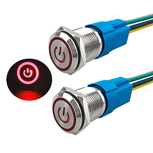 Aiqeer 2 Stück 16 mm Rastend Druckschalter, 12V / 24V 5A Auto Zündung Starter Schalter, IP67 Wasserdichter Edelstahl Druckschalter, mit Vorverdrahteter Steckdose (Rot LED) von Aiqeer