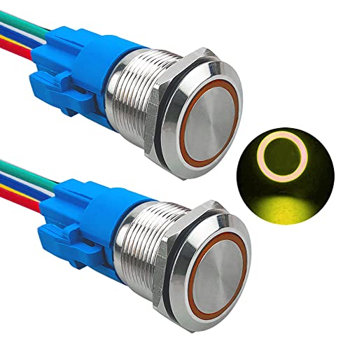 Aiqeer 2 Stück 19 mm Momentan Druckschalter, 12V / 24V 5A Auto Zündung Starter Schalter, IP67 Wasserdichter Edelstahl Druckschalter, mit Vorverdrahteter Steckdose (Gelb LED) von Aiqeer
