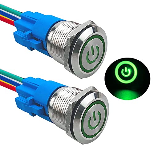 Aiqeer 2 Stück 19 mm Rastend Druckschalter, 12V / 24V 5A Auto Zündung Starter Schalter, IP67 Wasserdichter Edelstahl Druckschalter, mit Vorverdrahteter Steckdose (Grün LED) von Aiqeer