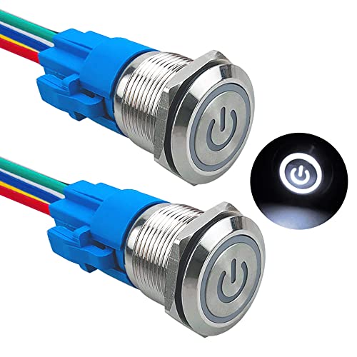 Aiqeer 2 Stück 19 mm Rastend Druckschalter, 12V / 24V 5A Auto Zündung Starter Schalter, IP67 Wasserdichter Edelstahl Druckschalter, mit Vorverdrahteter Steckdose (Weiß LED) von Aiqeer