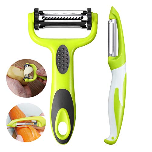 Aiqeer 2 Stück Multifunktion Sparschäler Set, 3 in 1 Schäler und Gerader Schäler, Gemüseschäler & Obstschäler, Schwenkschäler, Y Schäler, Kartoffelschäler, Karottenschäler (Grün) von Aiqeer
