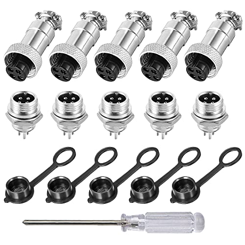 Aiqeer 5 Stück 4-Polig GX12 Aviation Stecker, 12 mm Gewinde Metall Luftfahrt Kabelverbinder, 5A Männlich Weiblich Luftfahrt Stecker Steckdose Kit, mit Gummikappe von Aiqeer