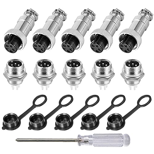 Aiqeer 5 Stück 5-Polig GX12 Aviation Stecker, 12 mm Gewinde Metall Luftfahrt Kabelverbinder, 5A Männlich Weiblich Luftfahrt Stecker Steckdose Kit, mit Gummikappe von Aiqeer