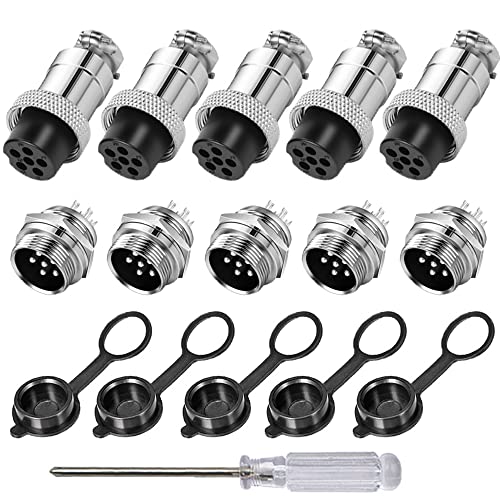 Aiqeer 5 Stück 6-Polig GX16 Aviation Stecker, 16 mm Gewinde Metall Luftfahrt Kabelverbinder, 5A Männlich Weiblich Luftfahrt Stecker Steckdose Kit, mit Gummikappe von Aiqeer