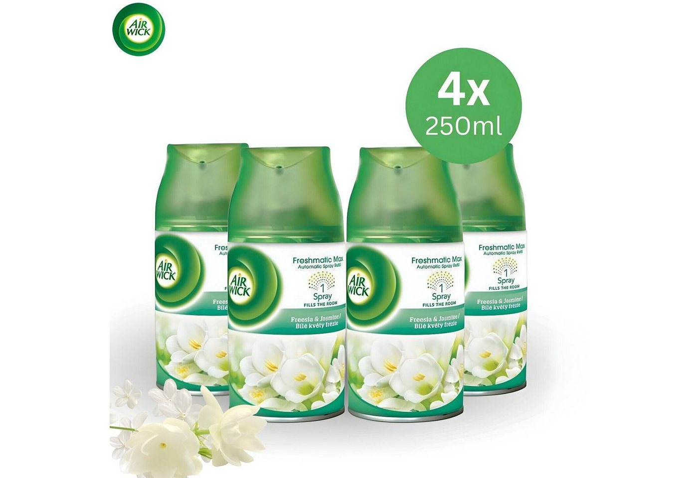 Air Wick Raumduft-Nachfüllflasche Freesia & Jasmin Für Automatische Duftspender 250 ml (4 St), Ein Nachfüller hält bis zu 70 Tage - von Air Wick