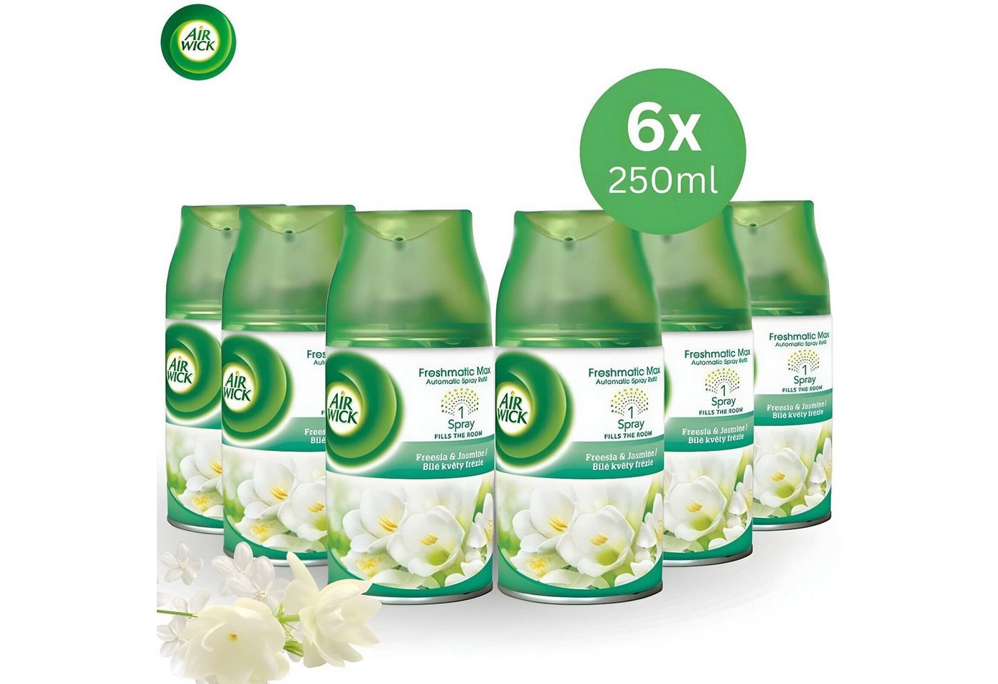 Air Wick Raumduft-Nachfüllflasche Freesia & Jasmin Für Automatische Duftspender 250ml (6 St), Ein Nachfüller hält bis zu 70 Tage von Air Wick