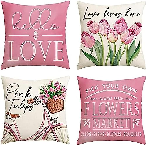 AirBnk Kissenbezug 40x40cm 4er Set Dekokissen Kissenbezüge,Rosa Tulpen Sofakissen Kissenhülle Quadratische Samt Deko Kissen Couchkissen Wohnzimmer Zierkissenbezüge für Garten Sofa Stuhl von AirBnk