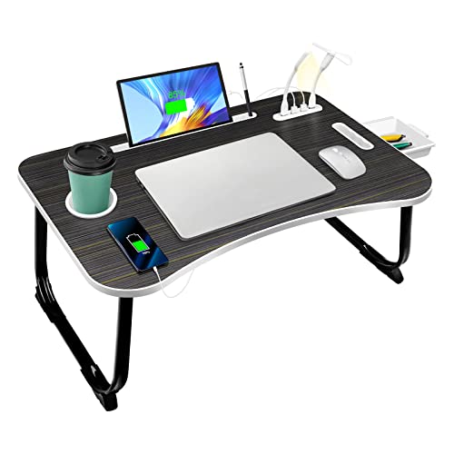 AirOpen Laptoptisch fürs Bett, Betttisch Klappbar mit 4 USB Ladeanschluss, Schublade, Tablet Ständer, Getränkehalter, Tragegriff, Laptop Tisch für Bett, Sofa, Couch, Boden (60 x 40 cm, Schwarz) von AirOpen