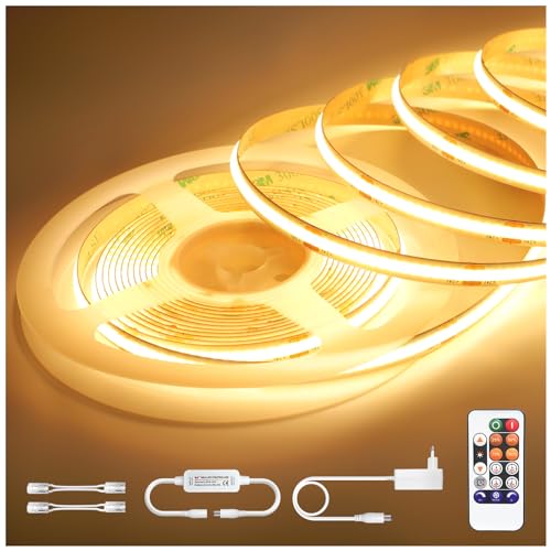 COB Led Streifen 5M Warmweiss, 24V LED Strip Dimmbar 3000K, Lichtband LED Selbstklebend mit Fernsteuerung, Light Stripes Wasserdicht IP44 mit Netzteil, LED Band 5m für Bad Küche TV Unterbau（Timer） von Airand