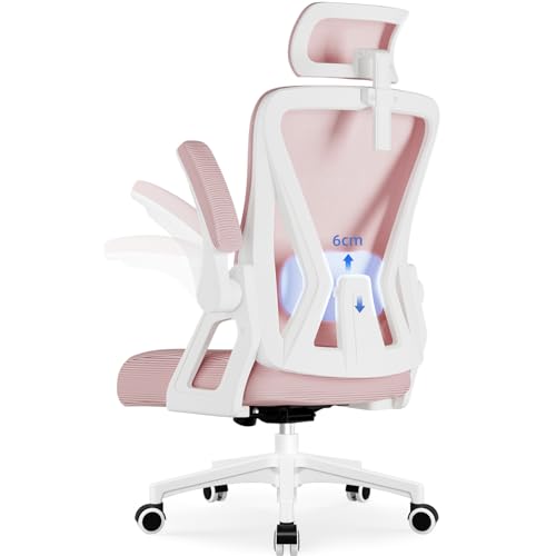 Airchros Bürostuhl,Bürostuhl Ergonomisch mit Verstellbarer Kopfstütze,Armlehnen und Lendenwirbelstütze, Schreibtischstuhl Drehstuhl Wippfunktion bis 135°,Chefsessel Rückenschonend, 150kg, Rosa von Airchros