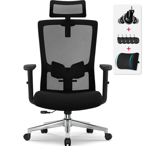 Airchros Ergonomischer Bürostuhl, Bürostuhl Ergonomisch mit Verstellbarer Lendenwirbelstütze, Armlehnen und Kopfstütze, Drehstuhl Schreibtischstuhl, Bürostuhl 150 kg Chefsessel Wippfunktion bis 135° von Airchros