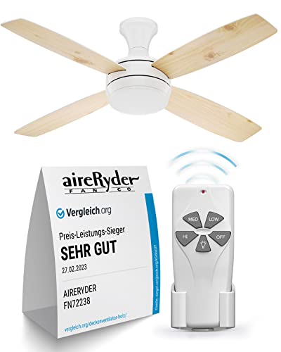 aireRyder - Saturn Deckenventilator mit Beleuchtung und Fernbedienung | Leiser Ventilator mit Fernbedienung & dimmbarer LED Beleuchtung. Durchmesser 132cm. Farbe: Weiß, Wendeflügel in Pinie/Weiß. von aireRyder