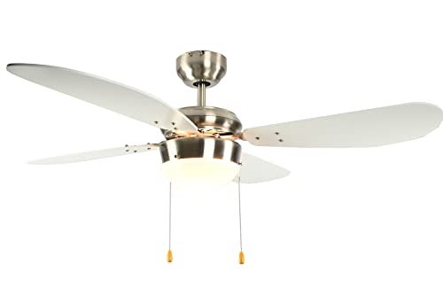 aireRyder - Classic Deckenventilator mit Beleuchtung | Zeitloser Ventilator mit Zugschalter mit Silbernem Gehäuse und Weißen Flügeln, 105cm Durchmesser (Farbe: Satin Nickel & Weiß) von aireRyder