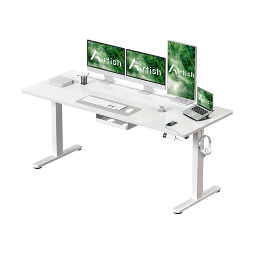 Airfish Elektrisch höhenverstellbarer Schreibtisch 160 x 80 cm mit Typ-C-Ladeanschluss, Elektrischer Schreibtisch mit Kabelmanagement und 3 Memory-Höhen (Weiß, 160 x 80 cm) von Airfish