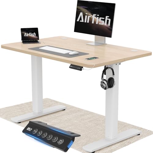 Airfish Höhenverstellbarer Schreibtisch 100x60cm mit USB-Buchse, Schreibtisch Höhenverstellbar Elektrisch mit Memory Funktion, 73-118cm,Beige von Airfish