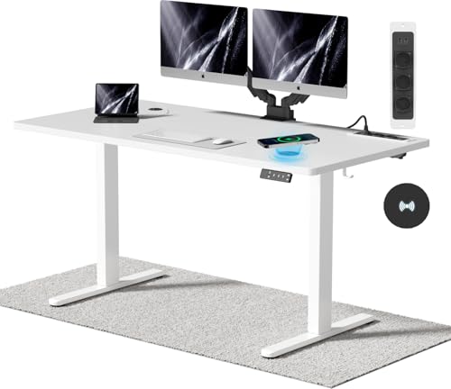 Airfish Höhenverstellbarer Schreibtisch mit Kabelloser Ladestation und Steckdose mit USB 140 x 70cm Computertisch Elektrisch Stehtisch mit 3-Funktions-Memory und Funktion zur Ermüdungs-Erinnerung von Airfish