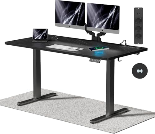 Airfish Höhenverstellbarer Schreibtisch mit Kabelloser Ladestation und Steckdose mit USB 140 x 70cm Computertisch Elektrisch Stehtisch mit 3-Funktions-Memory und Funktion zur Ermüdungs-Erinnerung von Airfish