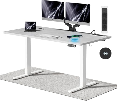Airfish Höhenverstellbarer Schreibtisch mit Kabelloser Ladestation und Steckdose mit USB 140 x 70cm Computertisch Elektrisch Stehtisch mit 3-Funktions-Memory und Funktion zur Ermüdungs-Erinnerung von Airfish