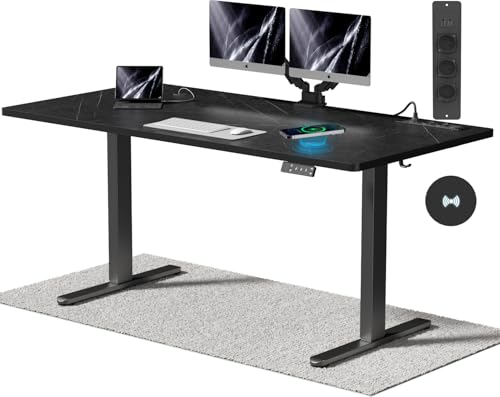 Airfish Höhenverstellbarer Schreibtisch mit Kabelloser Ladestation und Steckdose mit USB 160 x 80cm Computertisch Elektrisch Stehtisch mit 3-Funktions-Memory und Funktion zur Ermüdungs-Erinnerung von Airfish