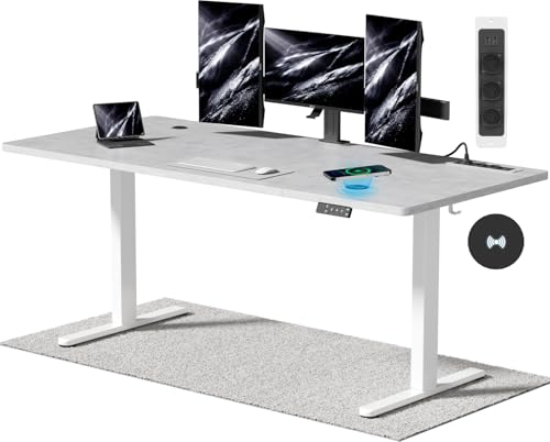 Airfish Höhenverstellbarer Schreibtisch mit Kabelloser Ladestation und Steckdose mit USB 180 x 80cm Computertisch Elektrisch Stehtisch mit 3-Funktions-Memory und Funktion zur Ermüdungs-Erinnerung von Airfish