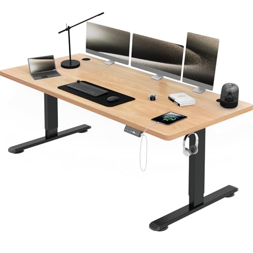 Airfish Höhenverstellbarer Schreibtisch mit USB-Buchse, Elektrisch Schreibtisch mit Kabelwanne, Computertisch, Bürotisch, Stehpult mit Erinnerung an sitzende Tätigkeiten, 180x80 cm, Beige von Airfish