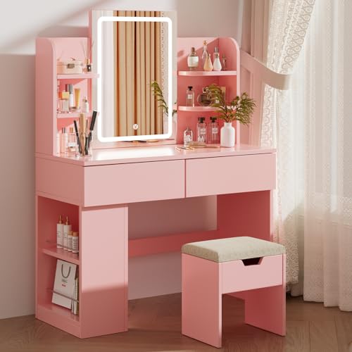 Airfish Schminktisch mit LED Beleuchtung, Frisiertisch mit Hocker und Spiegel, 2 Schubladen, Farbtemperaturen und Helligkeit Einstellbar (Rosa Schminktisch+Hocker) von Airfish