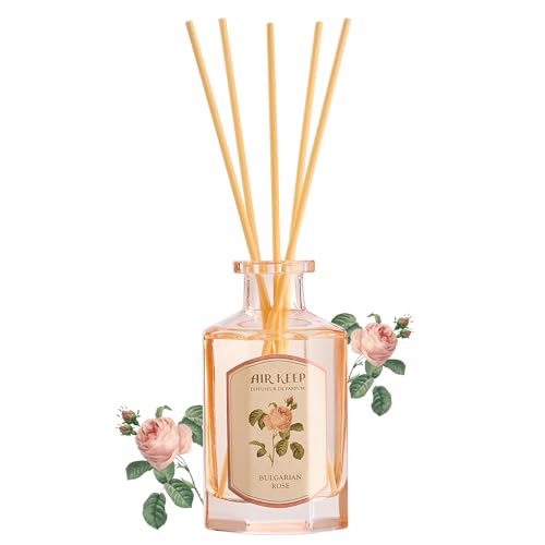 Airkeep Raumduft Bulgarian Rose Duft, 180ml Reed Diffuser mit 8 Duftstäbchen, Deko für Schlafzimmer, Badezimmer, Büros, Schränke von Airkeep
