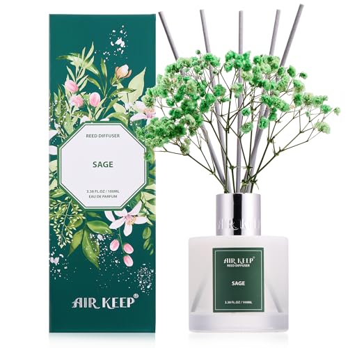 Airkeep Raumduft Sage Duft, Reed Diffuser mit 8 Duftstäbchen, Lufterfrischer für Badezimmer, Wohnung, Heimdekoration, 100ml von Airkeep