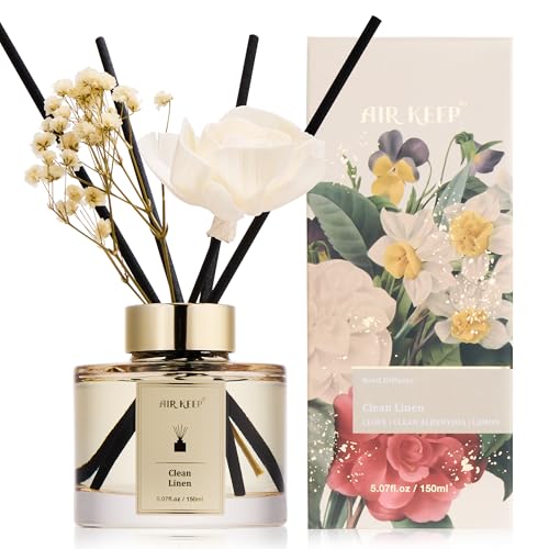 Airkeep Raumduft mit Duftstäbchen Clean Linen, 150ml Reed Diffuser, Langzeitduft Lufterfrischer, Rosen-Deko für Wohnzimmer, Bad & Schlafzimmer von Airkeep