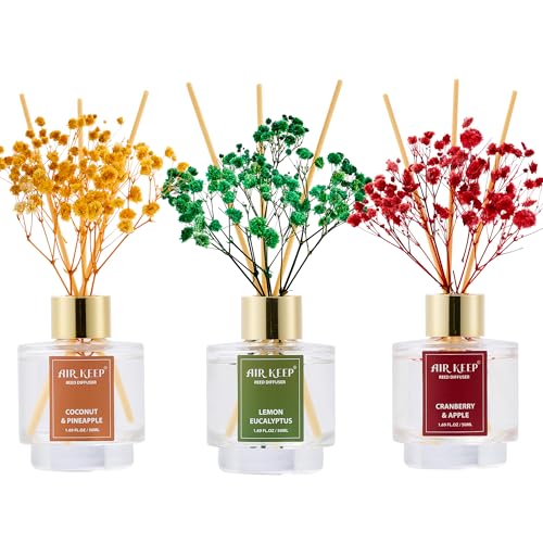 Airkeep Raumduft 50ml x3, Reed Diffuser mit Coconut & Pineapple, Lemon Eucalyptus, Cranberry & Apple, Raum Duft mit 24 Duftstäbchen, Lufterfrischer für Badezimmer, Wohnung, Heimdekoration von Airkeep