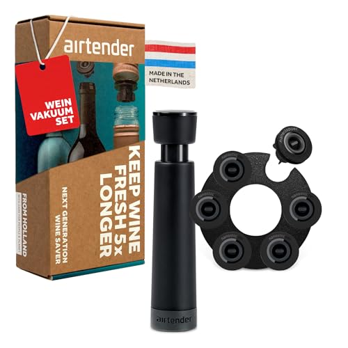 Airtender Vakuum Weinpumpe Set mit 6 Weinverschlüssen – Hochwertige Vakuum Stopfen für längere Frische und Aroma, spülmaschinenfest und wiederverwendbar, ideal für Weinliebhaber Airtender Vakuum Weinpumpe Set mit 6 Weinverschlüssen – Hochwertige Vakuum Stopfen für längere Frische und Aroma, spülmaschinenfest und wiederverwendbar, ideal für Weinliebhaber von Airtender