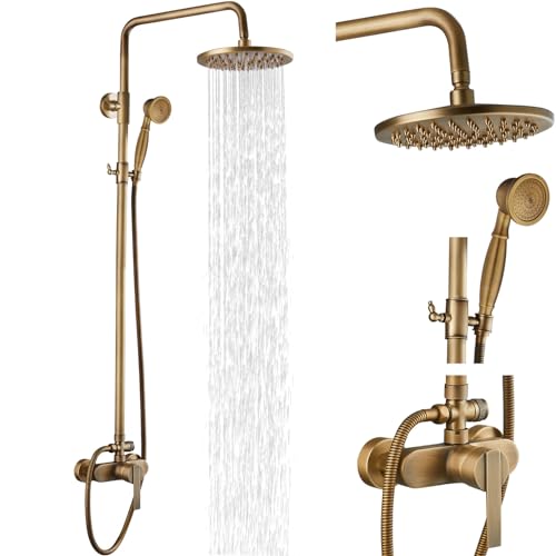 Airuida Antike Messing Freiliegende Rohr Duschsystem Duscharmatur Einzigen Griff 8 Zoll Regen Duschkopf Dusche Wasserhahn Einstellbare Duschkopf Bar Moderne Dual Funktionen Combo Einheit Set von Airuida