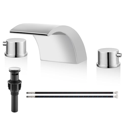 Airuida Breiter Wasserfall-Badezimmer-Waschbeckenarmatur, Waschtischarmatur, 3 Löcher, 20,3 cm, moderner Badezimmer-Wasserhahn mit Pop-Up-Ablaufmontage, 2-Griff-WC-Waschtisch-Wasserhahn, Chrompolitur von Airuida