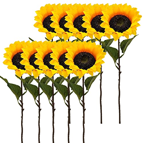 Aisamco 10 Stück künstliche Sonnenblumen, künstliche Blumen mit 1 Blüten und 2 Blättern, 45 cm lang, künstliche Blume, künstliche Pflanze für Zuhause, Hochzeitsfeier, Dekoration von Aisamco