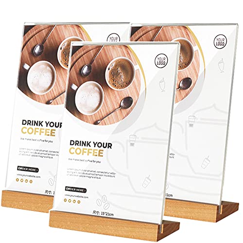 Aisamco 3 Stück A5 Acryl Schildhalter Slant Back Design L Form Klare Acrylrahmen Holz Basis, Tisch Menü Display Stand Flyer Display Display für Schreibtisch Display von Aisamco