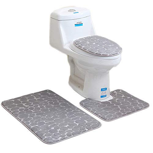 rutschfeste 3 Badteppich Set Super Soft Badteppich und WC Vorleger Memory Foam Pebble Dusche Matte Schnell trocknend Badezimmer Matte Teppich, U-förmigen Contour Matte und WC-Sitz Bezug,Grau von Aisaving