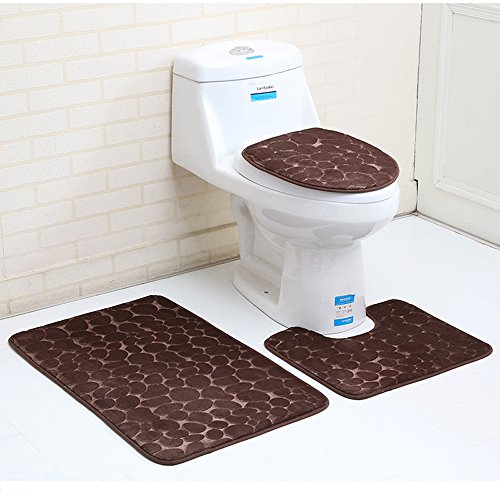 rutschfeste 3 Badteppich Set Super Soft Badteppich und WC Vorleger Memory Foam Pebble Dusche Matte Schnell trocknend Badezimmer Matte Teppich, U-förmigen Contour Matte und WC-Sitz Bezug von Aisaving