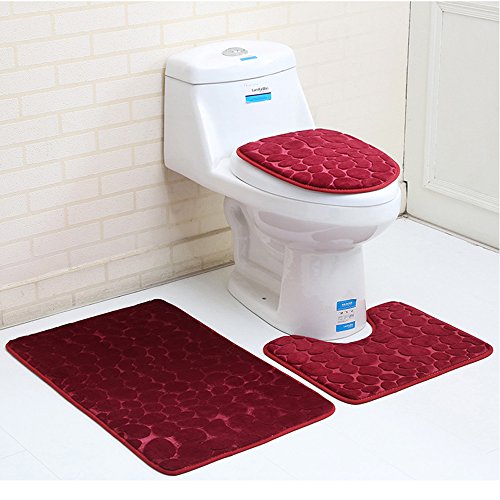 rutschfeste 3 Badteppich Set Super Soft Badteppich und WC Vorleger Memory Foam Pebble Dusche Matte Schnell trocknend Badezimmer Matte Teppich, U-förmigen Contour Matte und WC-Sitz Bezug von Aisaving