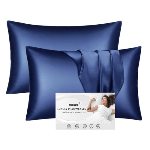 2er Pack Satin Kissenbezug für Haar und Haut, 100% Seidig Luxus Satin Kissenhülle mit Hotelverschluss, Dunkelblau Kopfkissenbezug Weich und Atmungsaktiv Kissenbezüge 40 x 60 cm von Aisawate