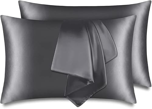 2er Pack Satin Kissenbezug für Haar und Haut, 100% Seidig Luxus Satin Kissenhülle mit Hotelverschluss, Dunkelgrau Kopfkissenbezug Weich und Atmungsaktiv Kissenbezüge 40 x 60 cm… von Aisawate