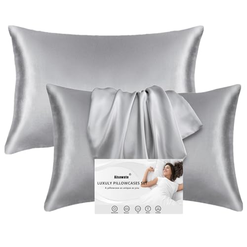 Aisawate Satin-Kissenbezüge für Haar und Haut weicher als Seide graue Satin-Kissenbezüge, knitterfrei und schmutzabweisend, Standard-Kissenbezüge mit Hotelverschluss (51 x 92 cm), 2 Stück von Aisawate