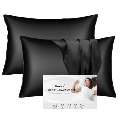 Aisawate Satin-Kissenbezüge für Haar und Haut – weicher als Seide – schwarze Satin-Kissenbezüge, knitterfrei und schmutzabweisend, Standard-Kissenbezüge mit Hotelverschluss (51 x 92 cm), 2 Stück von Aisawate