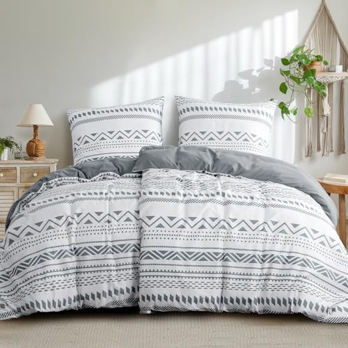 Aisbo Bettwäsche 135x200 4teilig Bettdeckenbezug - Bettwäsche Set 135 x 200 cm Boho Grau Muster mit 2 Kissenbezügen 80x80 cm, Mikrofaser Bettbezug 2er Set mit Reißverschluss, Bügelfrei und Weich von Aisbo